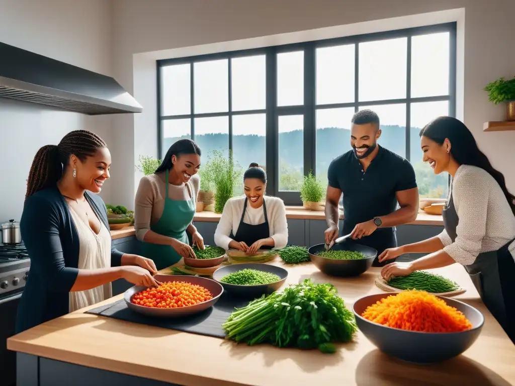 Un momento de armonía y diversidad en la cocina, donde personas de diferentes edades y orígenes disfrutan juntas de una comida vegana colorida