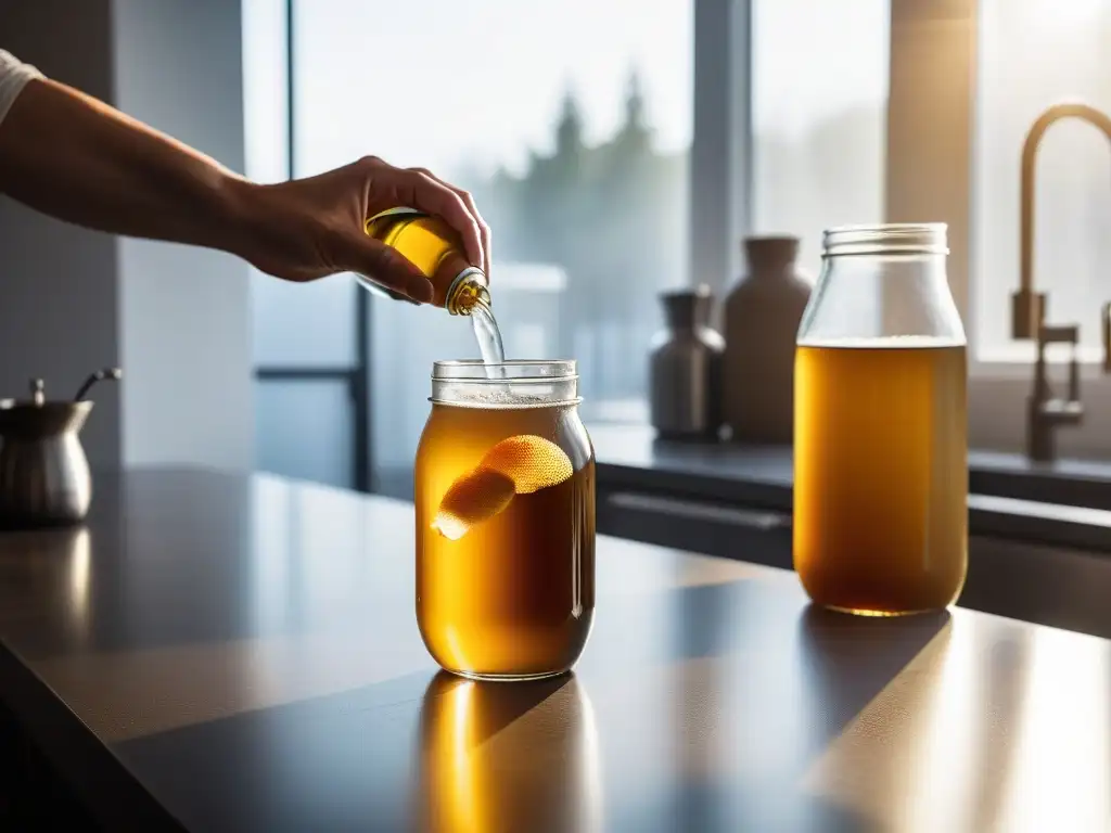 Un momento mágico: mano sirviendo kombucha casera en un vaso, burbujas efervescentes