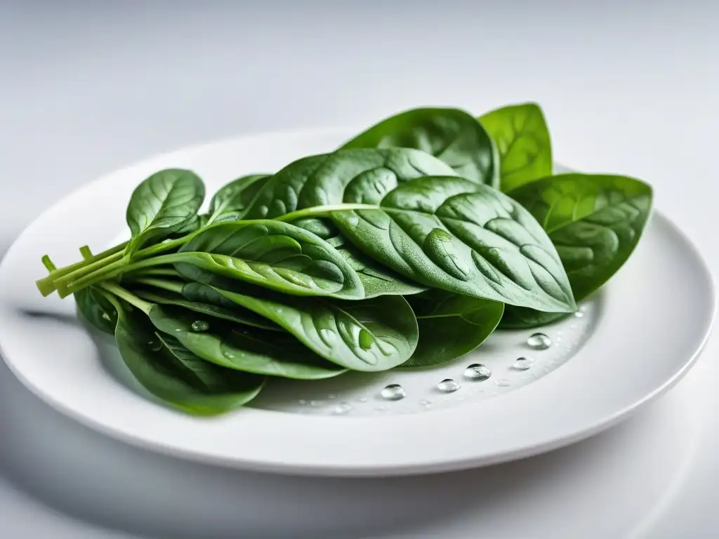 Montón de hojas verdes de espinacas frescas en un plato blanco, destacando diferencias hierro hemo no hemo veganos