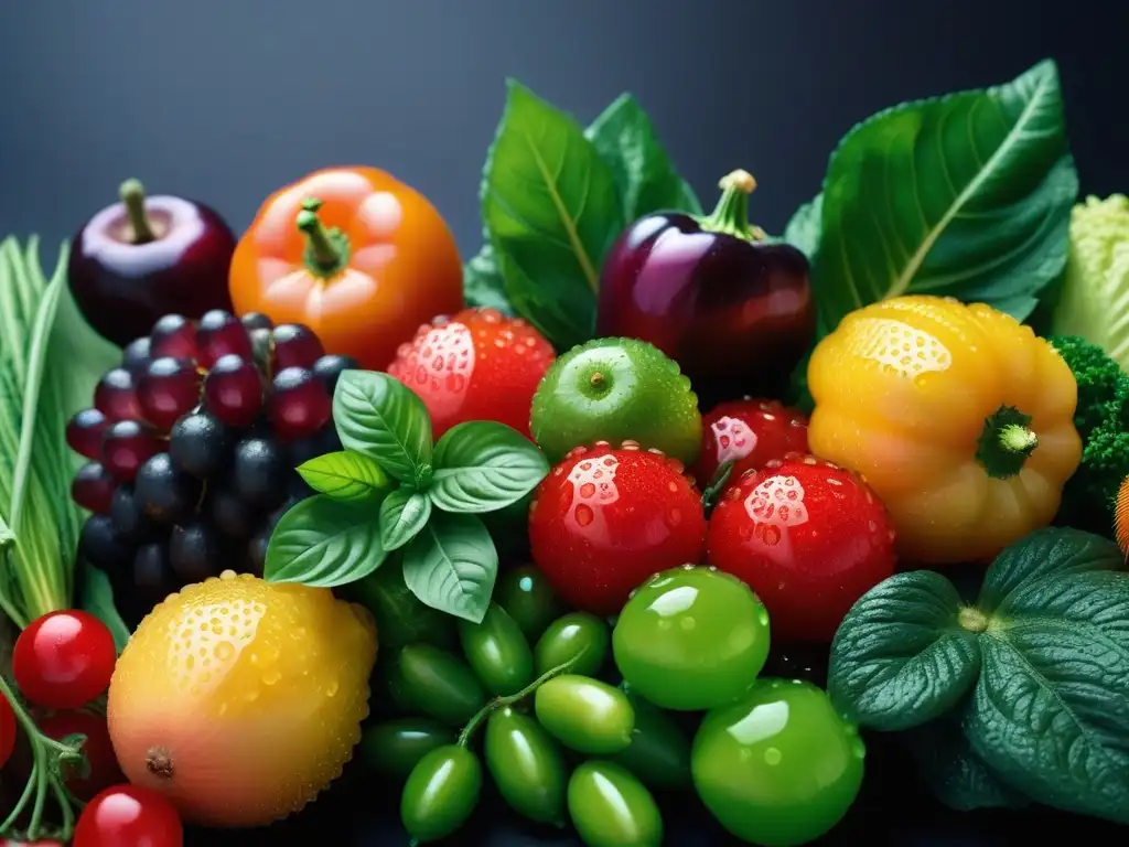 Un mosaico vibrante de frutas y verduras frescas con gotas de agua, simbolizando elecciones veganas para un futuro sostenible