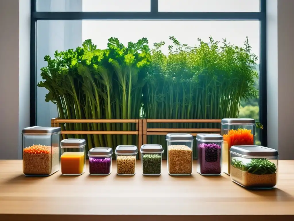 Un mostrador de cocina lleno de ingredientes veganos coloridos y frescos organizados para preparar recetas veganas almuerzo fácil