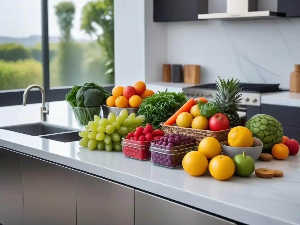 Un mostrador de cocina minimalista con frutas y verduras frescas en envases de vidrio reutilizables