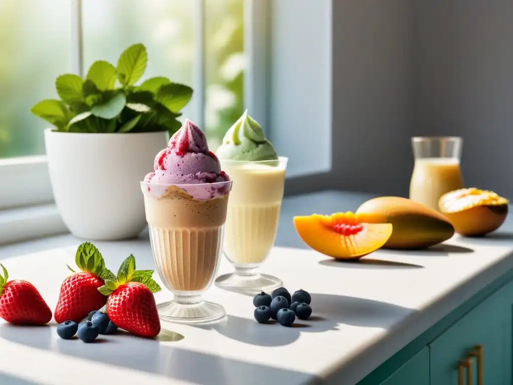 Un mostrador de cocina moderno rebosante de frutas frescas y utensilios para hacer helado vegano casero, bañado por la luz del sol