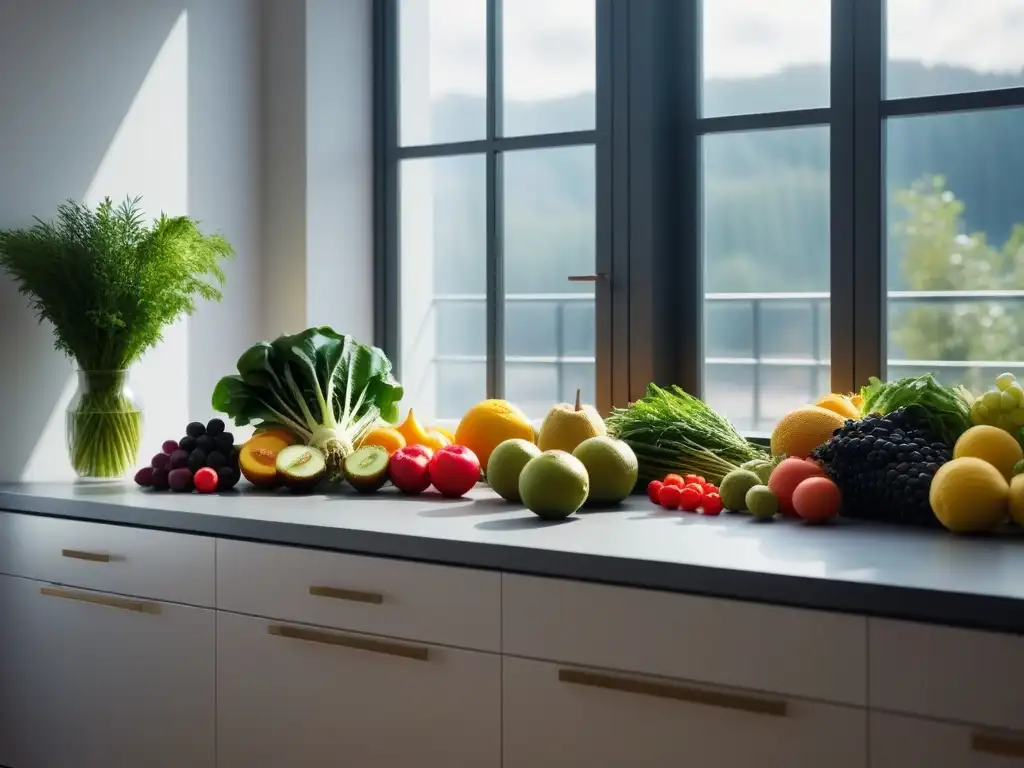 Un mostrador de cocina moderno y sereno lleno de frutas y verduras vibrantes, reflejando la dieta vegana y salud mental