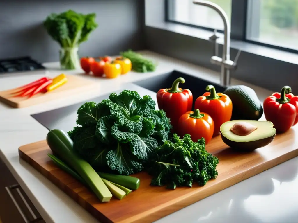 Un mostrador de cocina moderno con vegetales frescos y utensilios organizados