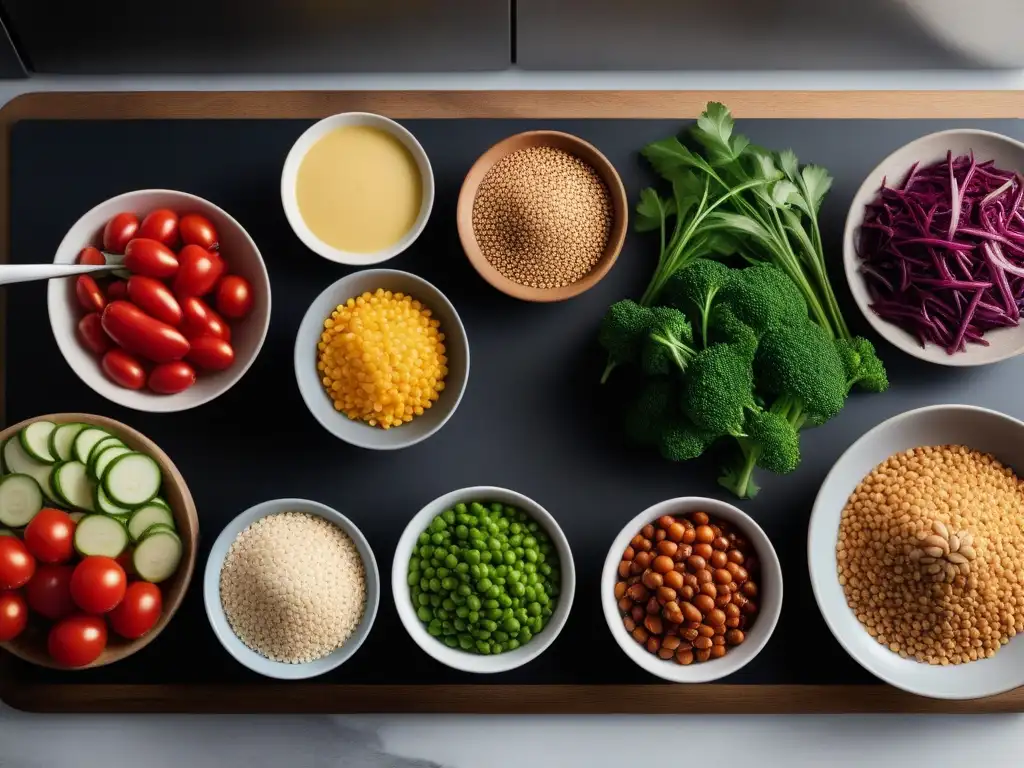 Un mostrador de cocina organizado con ingredientes veganos coloridos y utensilios de calidad para técnicas de batch cooking vegano