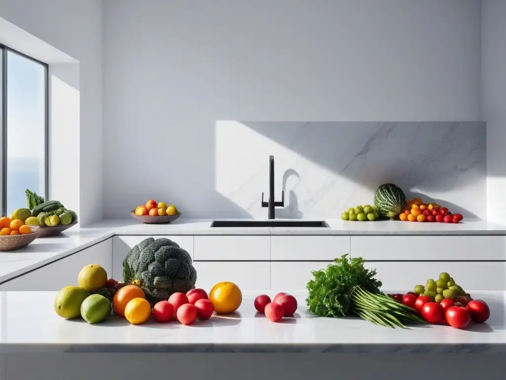 Un mostrador de cocina sereno y minimalista con frutas y verduras frescas en patrones geométricos, bañado por luz natural