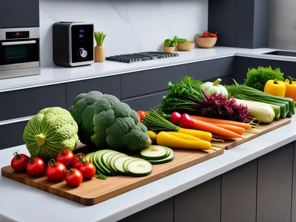 Encantadora cocina vegana: colorida y fresca Un mostruo colorido de vegetales frescos y frutas en una cocina moderna, ideal para usar aplicaciones para cocinar vegano en casa