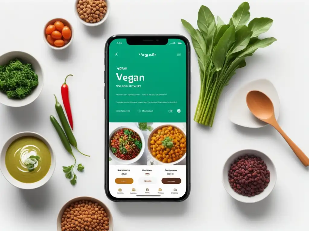 Una aplicación móvil para cocina vegana con diseño sofisticado y atractivo en un smartphone de alta resolución