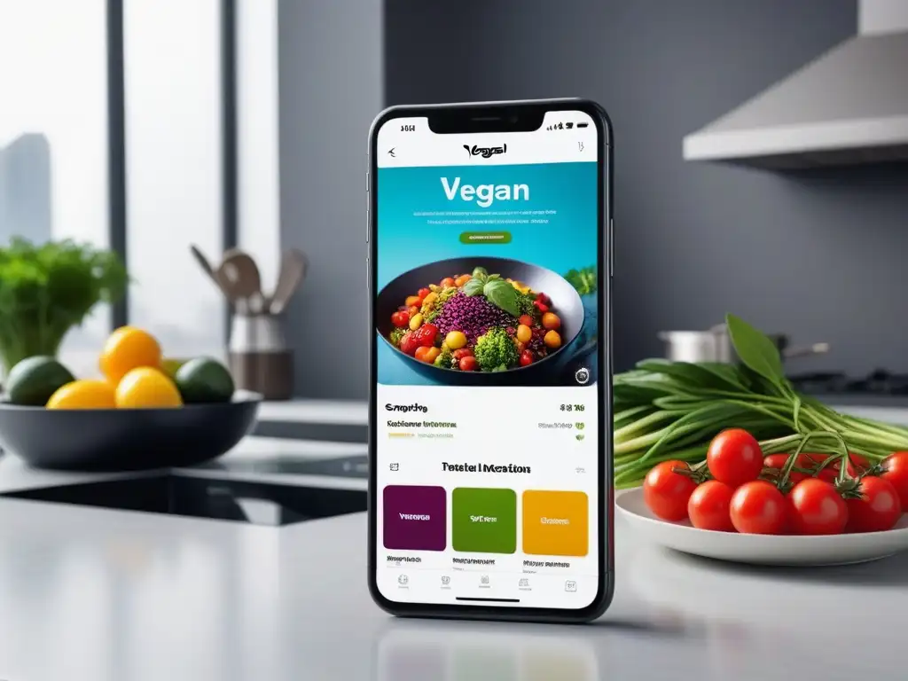 Una aplicación móvil para cocina vegana moderna y atractiva en un smartphone de alta resolución