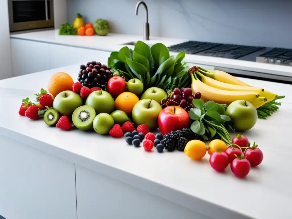 Una muestra vibrante de frutas y verduras frescas en una cocina moderna