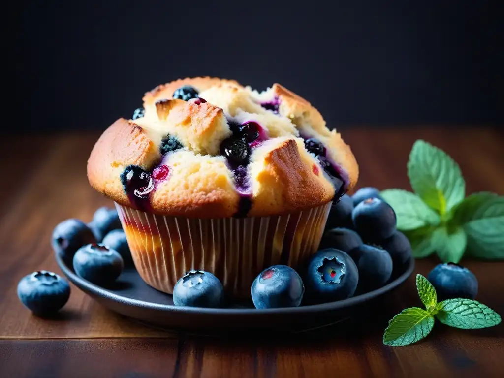 Un muffin vegano de arándanos dorado y jugoso sobre mesa rústica, con arándanos frescos y menta, perfecto para desayuno vegano