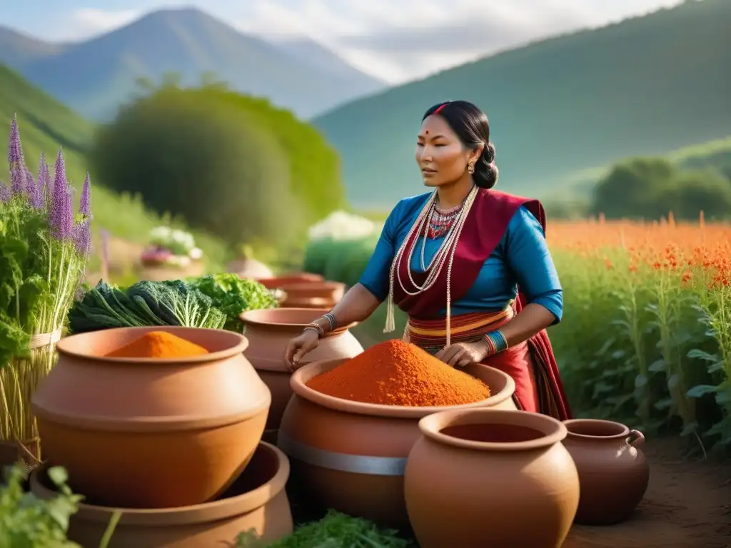 Una mujer indígena tradicional fermentando vegetales en ollas de barro, rodeada de naturaleza exuberante