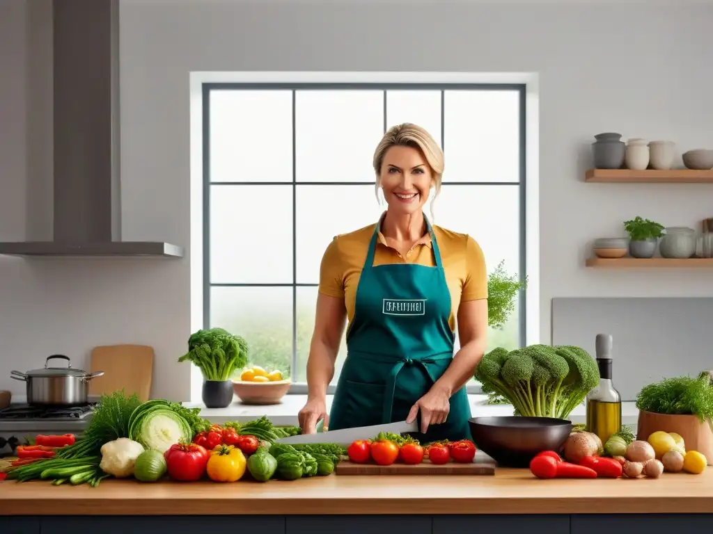 Una mujer madura y vibrante preparando un colorido plato vegano en una cocina moderna y luminosa