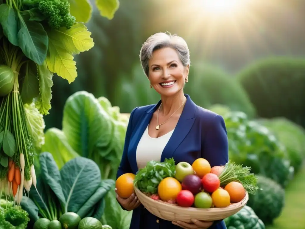 Una mujer de mediana edad irradia vitalidad y alegría rodeada de frutas y verduras coloridas