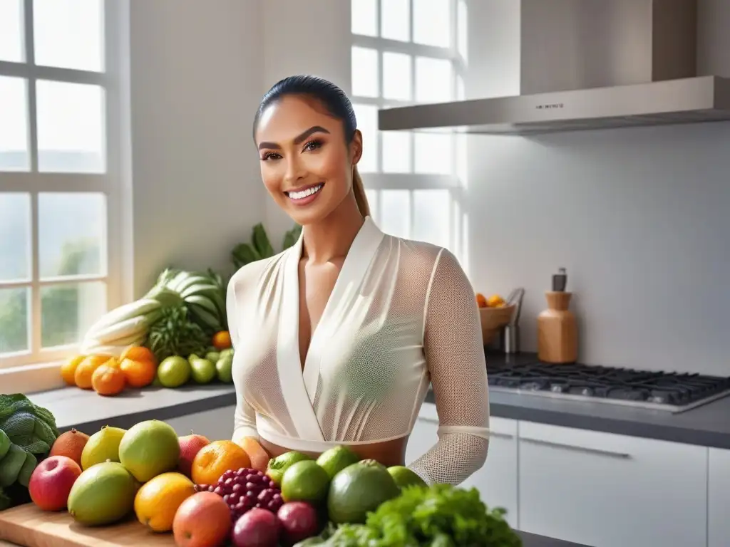 Mujer radiante en cocina vegana, piel luminosa, cutis radiante, frutas y verduras vibrantes