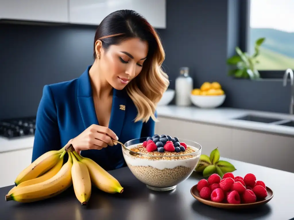 Una mujer serena disfruta de un cuenco de avena con semillas de lino doradas y frutas vibrantes en una cocina moderna, transmitiendo salud y bienestar