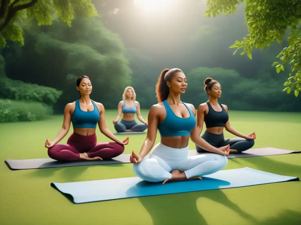 Mujeres practicando yoga en un parque verde bajo el sol matutino, representando la fuerza y equilibrio en la dieta vegana ciclo menstrual