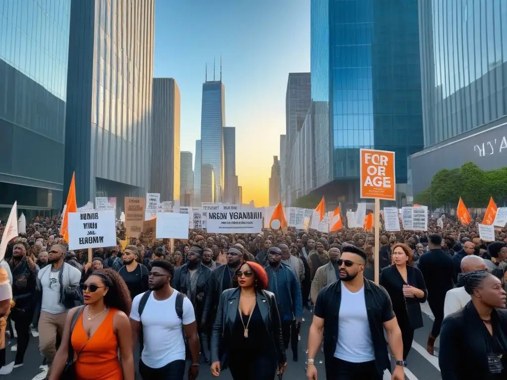 Una multitud diversa marcha pacíficamente por la ciudad, con pancartas de derechos animales y justicia social al atardecer