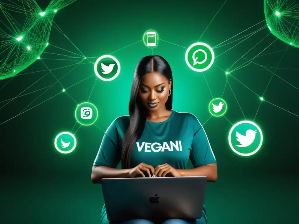 Comunidad eco-vegana conectada: ¡Súmate a la revolución digital verde! Un mundo digital conectado donde promoción del veganismo sostenible en redes cobra vida en vibrantes ilustraciones