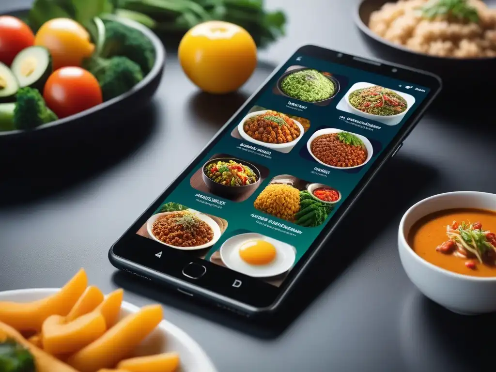 Un mundo digital vibrante y futurista con smartphones y tablets mostrando apps coloridas y amigables para planificación de menús veganos en 2023