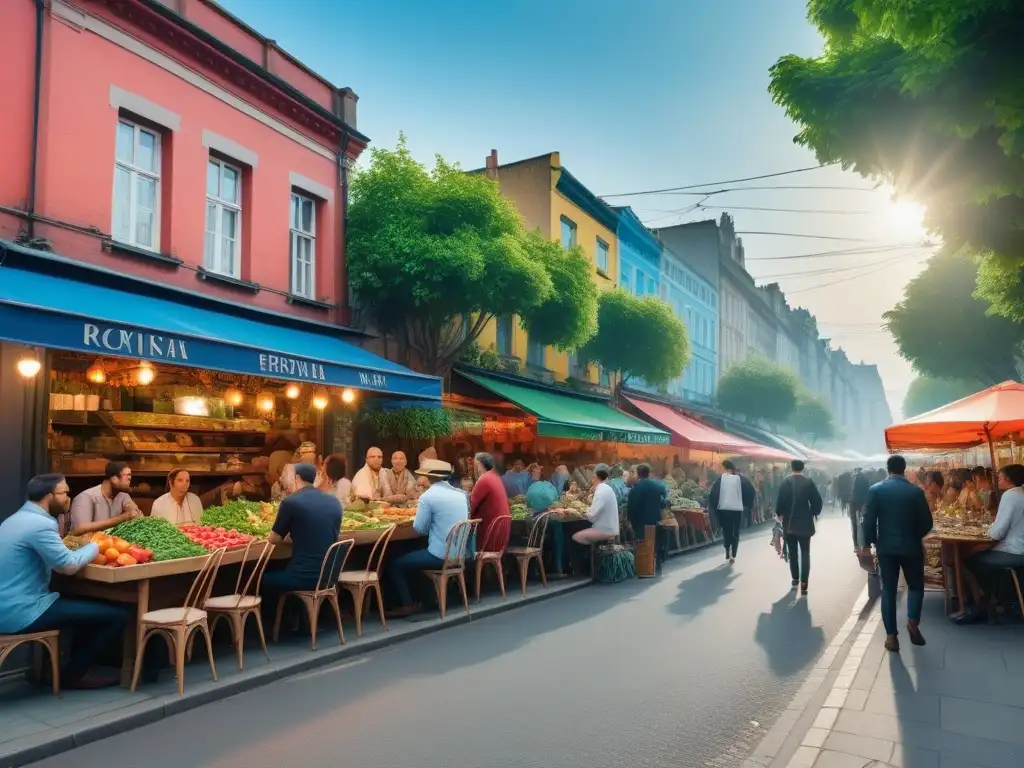 Un mundo vegano lleno de vida: gente disfrutando de comidas vegetales en una ciudad colorida, con animales felices