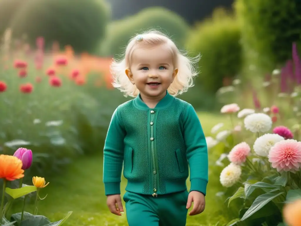 Un niño feliz viste moda infantil vegana sostenible, juega en un jardín verde y florido bajo el sol brillante