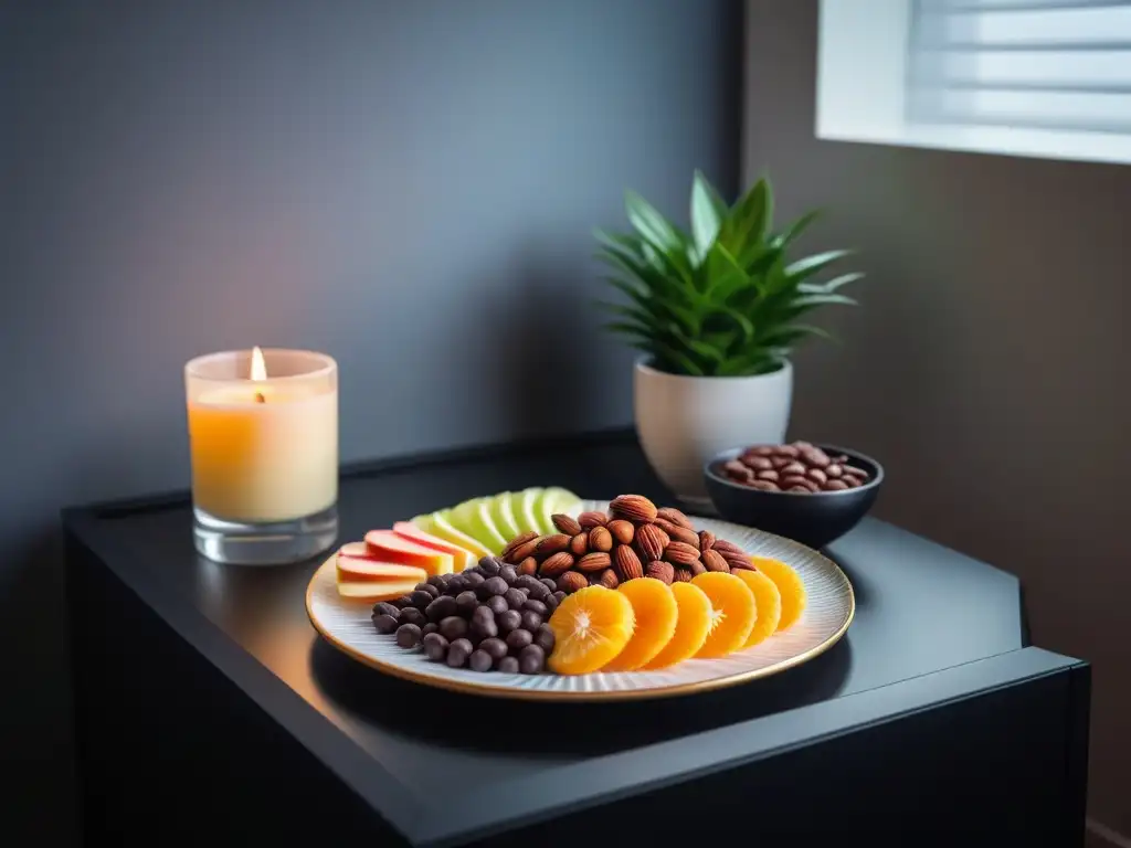 Un rincón de noche sereno con snacks veganos para dormir: frutas, nueces y chocolate negro, acompañados de té de hierbas