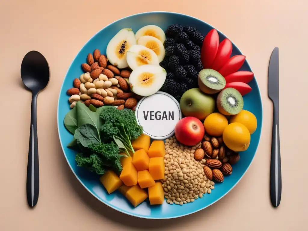 Planificación nutricional vegana saludable: Infografía moderna y vibrante de un plato colorido con alimentos veganos nutritivos