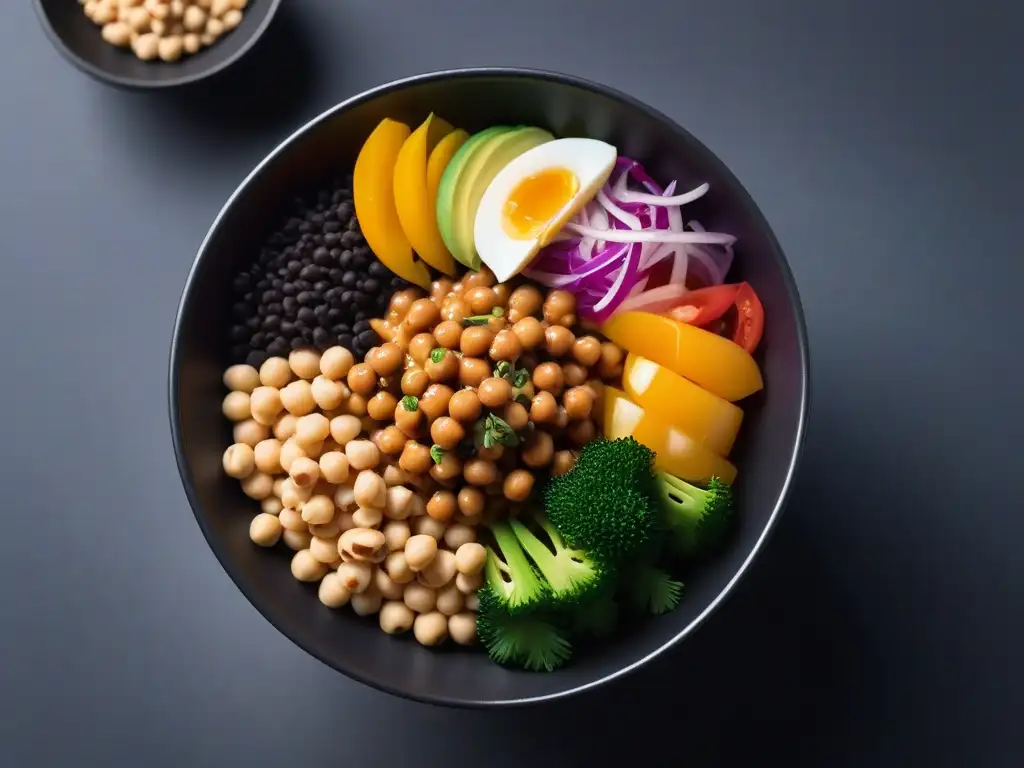 Un nutritivo desayuno vegano con natto fermentado, coloridas verduras y semillas, en una cocina minimalista iluminada naturalmente