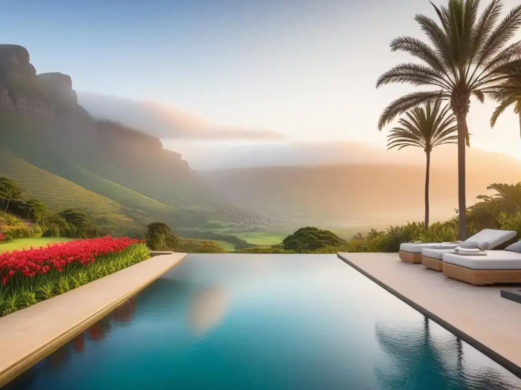 Un oasis de bienestar vegano de lujo en Sudáfrica con piscina infinita, valle verde y atardecer dorado