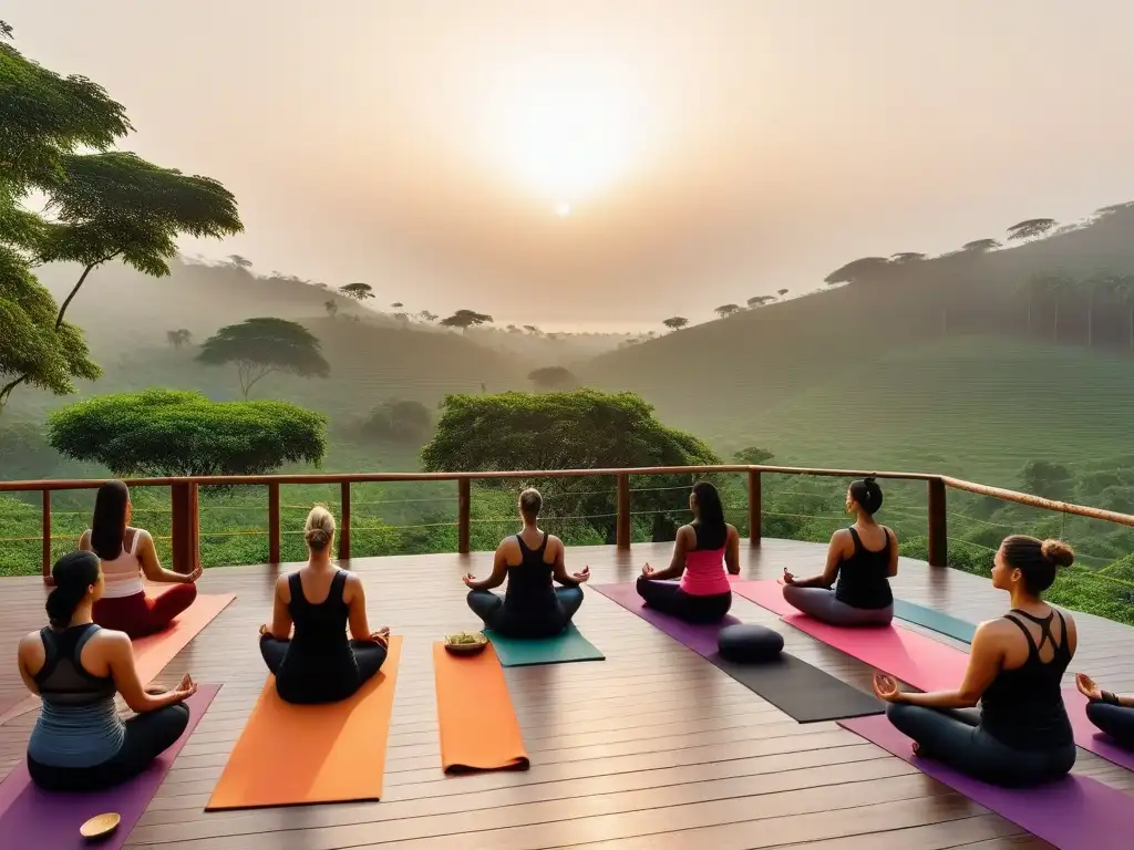 Un oasis de calma en un retiro de yoga vegano de lujo en la India, con un buffet vibrante y colorido bajo la cálida luz dorada del atardecer