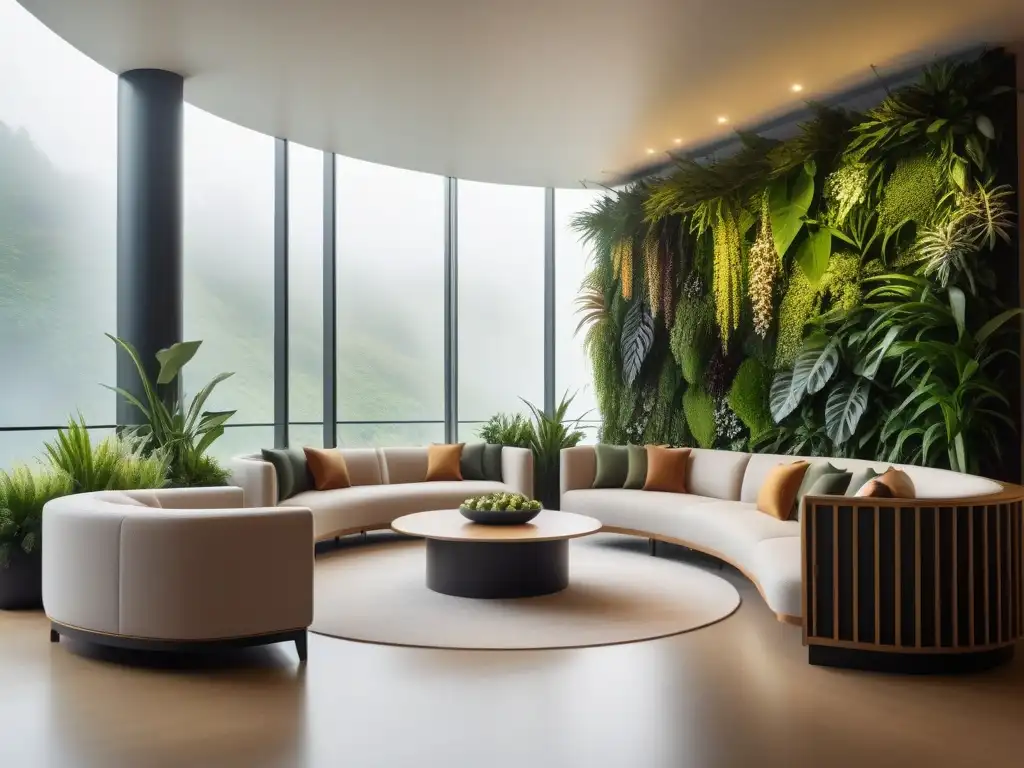 Un oasis de lujo sostenible en hoteles veganos: lobby con muebles reciclados y jardín vertical, iluminado por luz natural