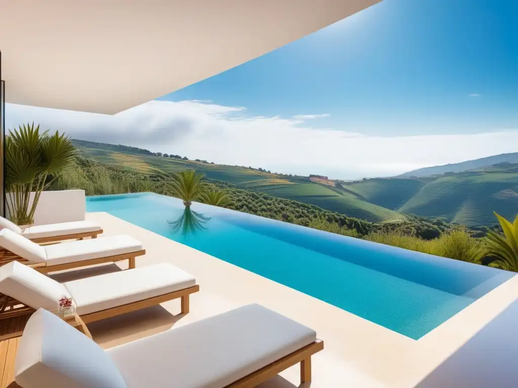 Un oasis de lujo vegano en España: spa elegante con toallas blancas, plantas verdes y piscina interior con vistas panorámicas