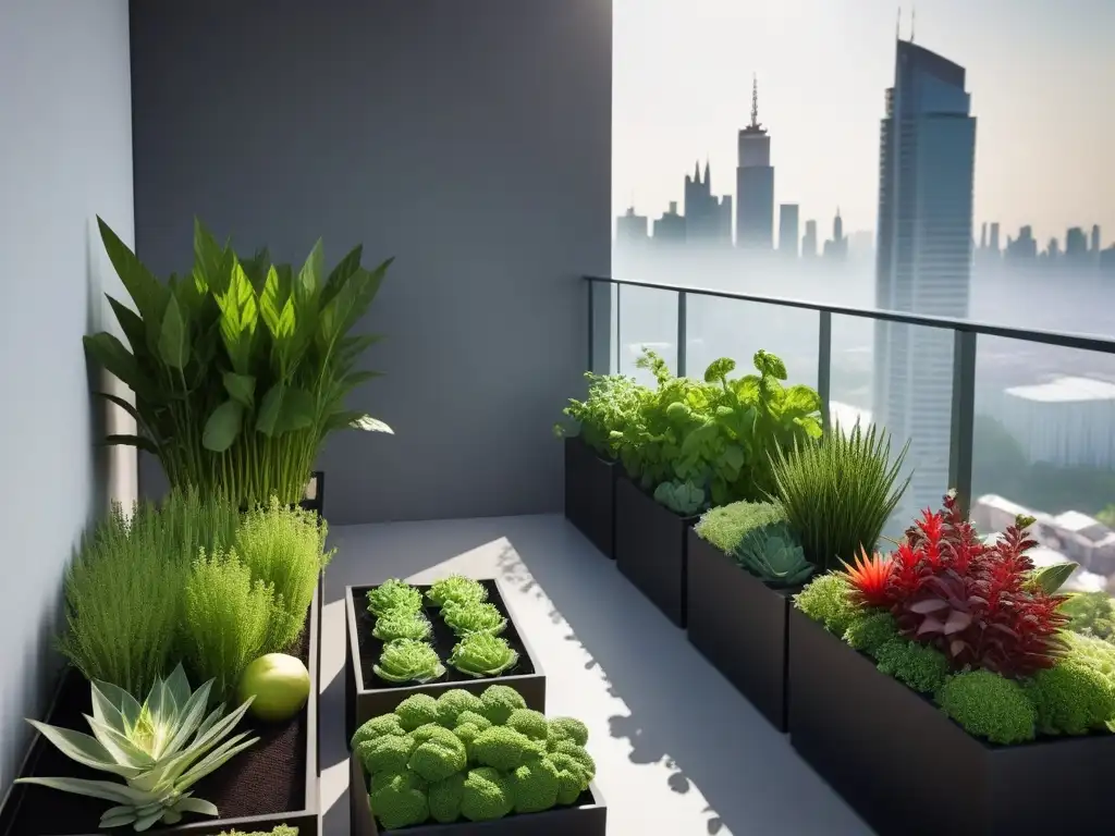 Un oasis urbano en un balcón moderno, lleno de plantas verdes exuberantes, ideal para cultivar ingredientes veganos en balcones