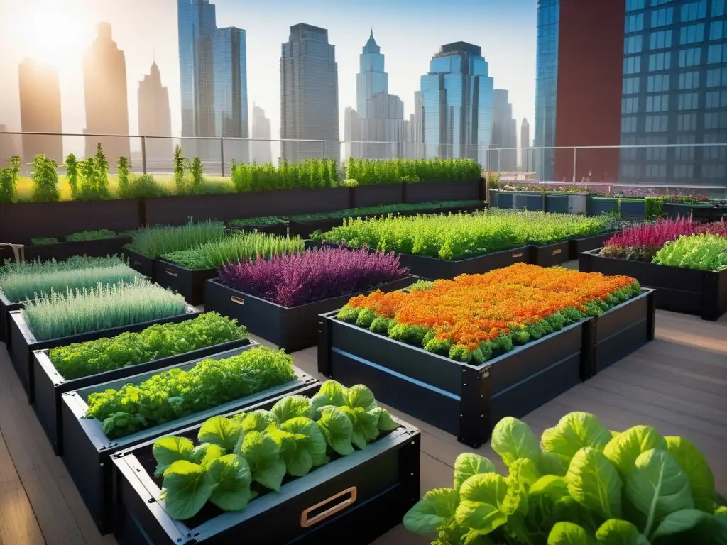 Un oasis urbano vibrante lleno de verduras y hierbas coloridas en camas elevadas