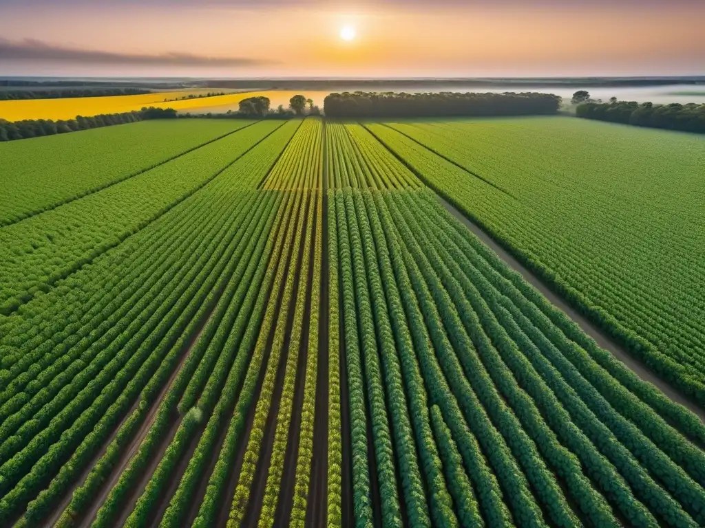 Un oasis vegano: granja colorida con cultivos en filas, paneles solares y turbinas eólicas
