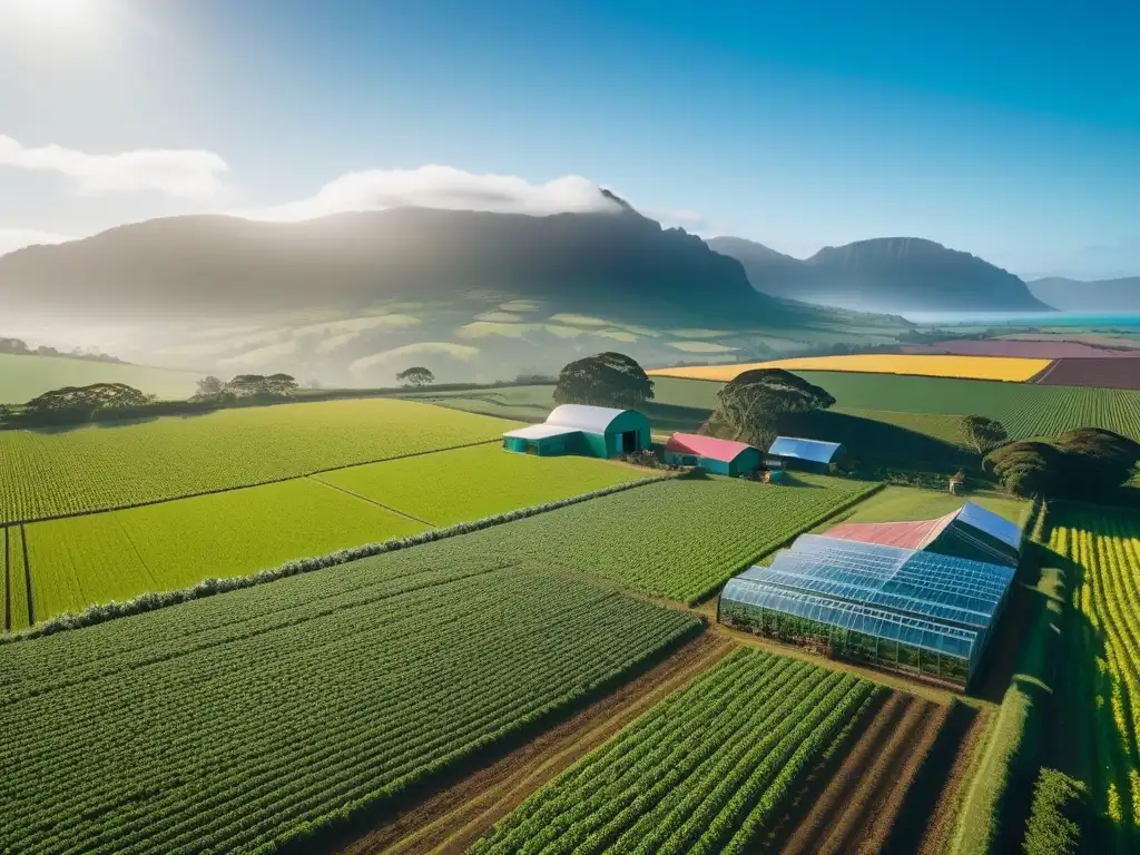 Un oasis vegano en Oceanía: granjas verdes con frutas, verduras y un invernadero moderno, rodeados de agua azul y montañas majestuosas