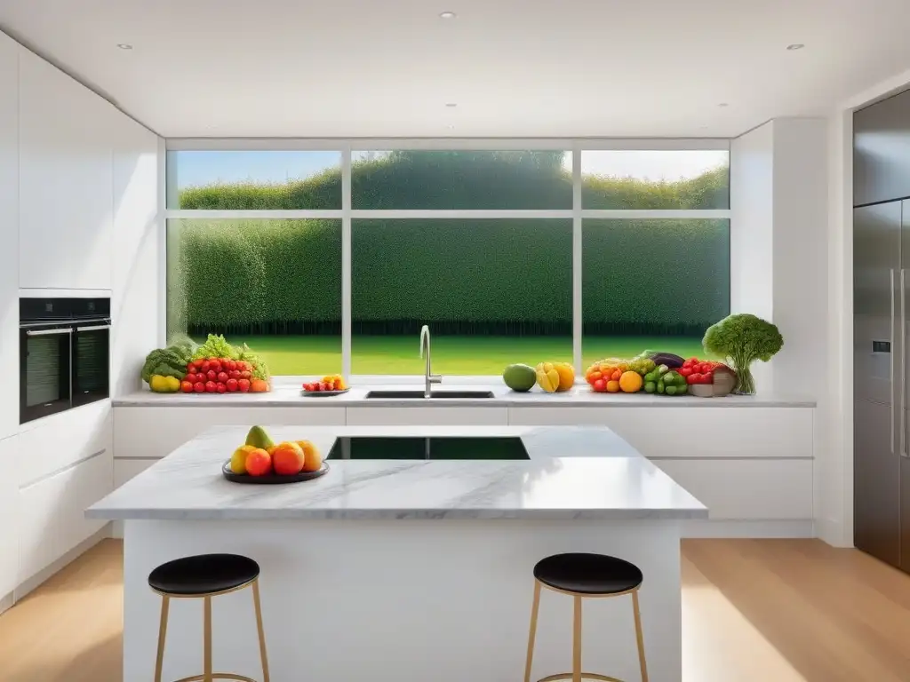 Un oasis vegano minimalista: cocina elegante con frutas y verduras frescas en una armonía de colores vibrantes