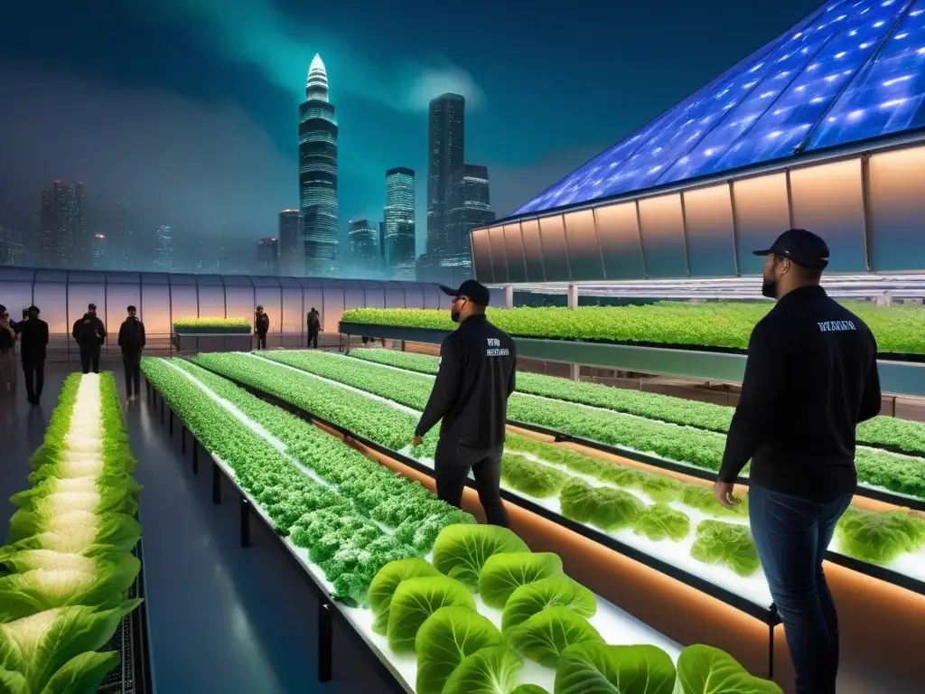 Un oasis verde de agricultura vertical vegana sostenible en una ciudad bulliciosa