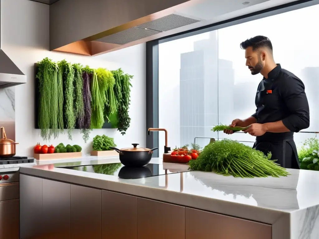 Un oasis verde en la cocina: huertos verticales para apartamentos veganos con hierbas frescas y verduras vibrantes bajo la luz del sol