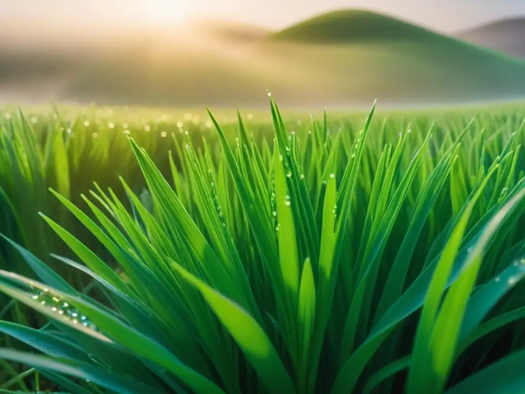 Un oasis de vitalidad: brotes de trigo verde brillantes con gotas de rocío bajo la suave luz matutina