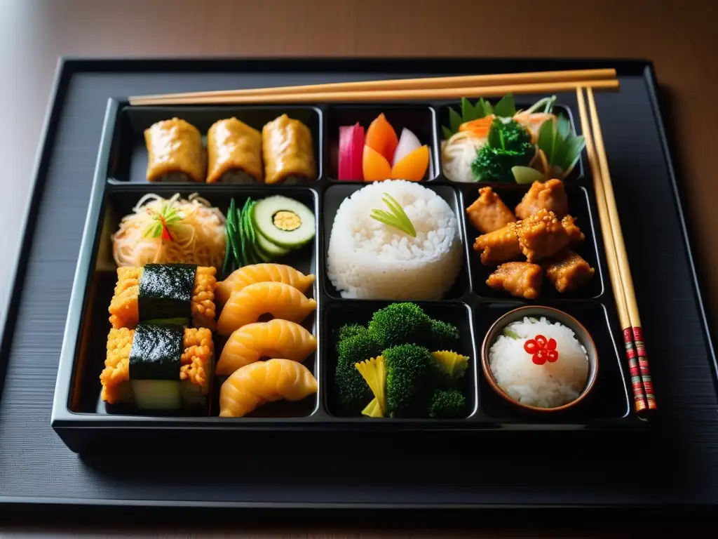 Una obra de arte culinaria con una auténtica cocina vegana japonesa, destacando la colorida presentación de un bento box tradicional