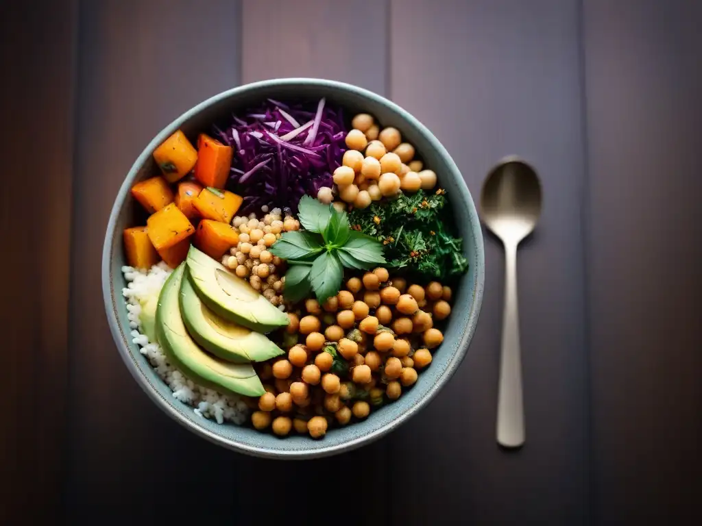 Una obra de arte culinaria: un bol vegano equilibrado con quinoa, vegetales, aguacate, garbanzos y hierbas frescas