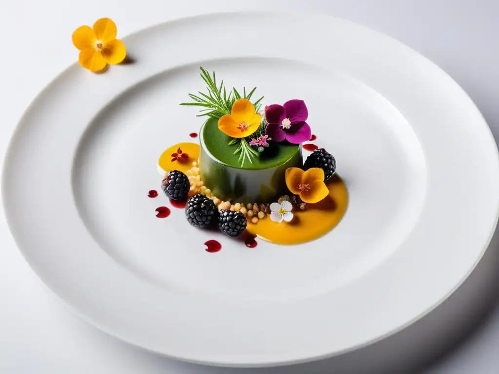 Una obra de arte culinaria en un lujoso restaurante vegano de Europa, con ingredientes vibrantes y coloridos en un elegante plato blanco minimalista