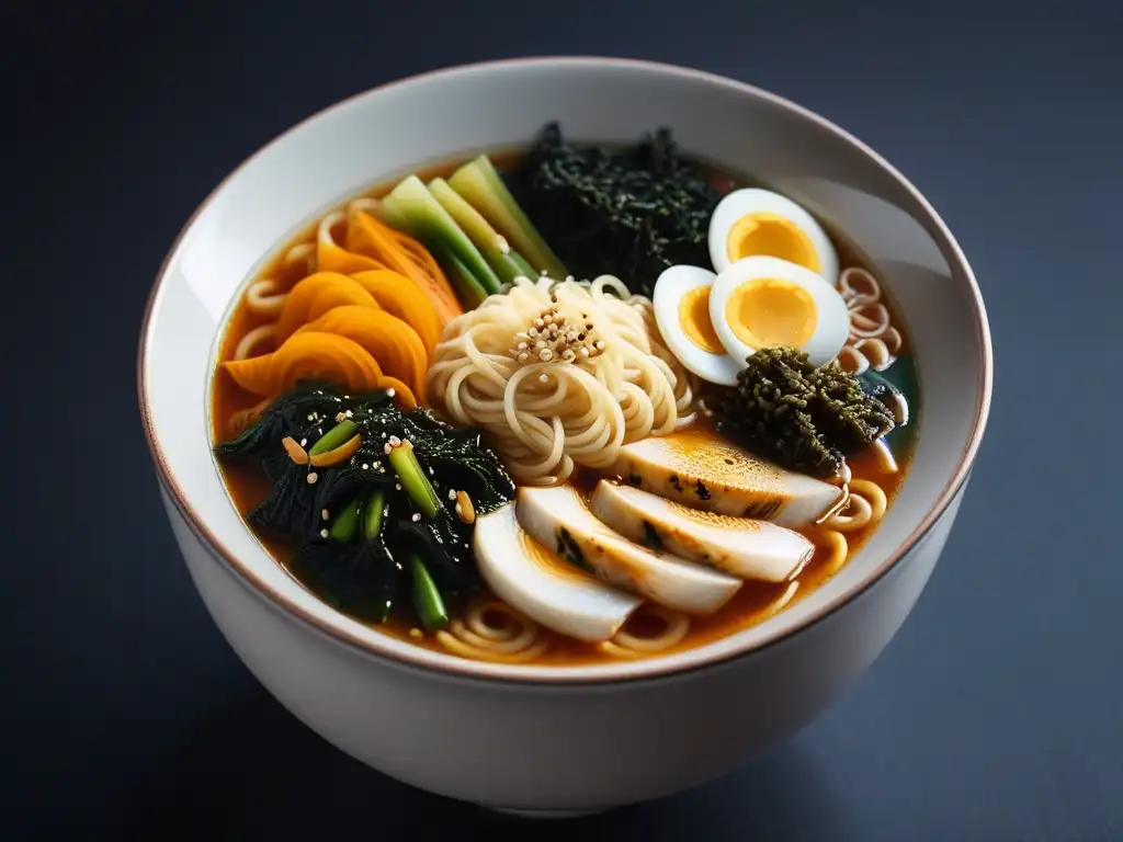 Una obra de arte culinaria: ramen vegano japonés con capas de verduras, fideos y caldo umami