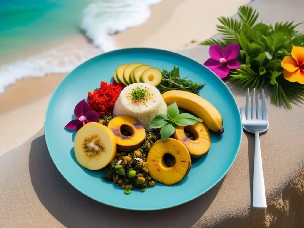 Una obra de arte culinaria vegana caribeña fusionando sabores, colores y aromas en un plato vibrante frente al mar