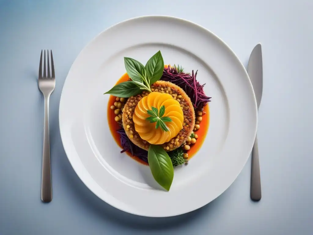 Una obra de arte culinaria vegana, resaltando técnicas y colores vibrantes en un plato moderno