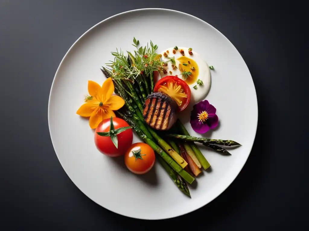 Una obra de arte culinaria vegana con innovación en cocina vegana tradicional: vegetales asados en un plato blanco minimalista