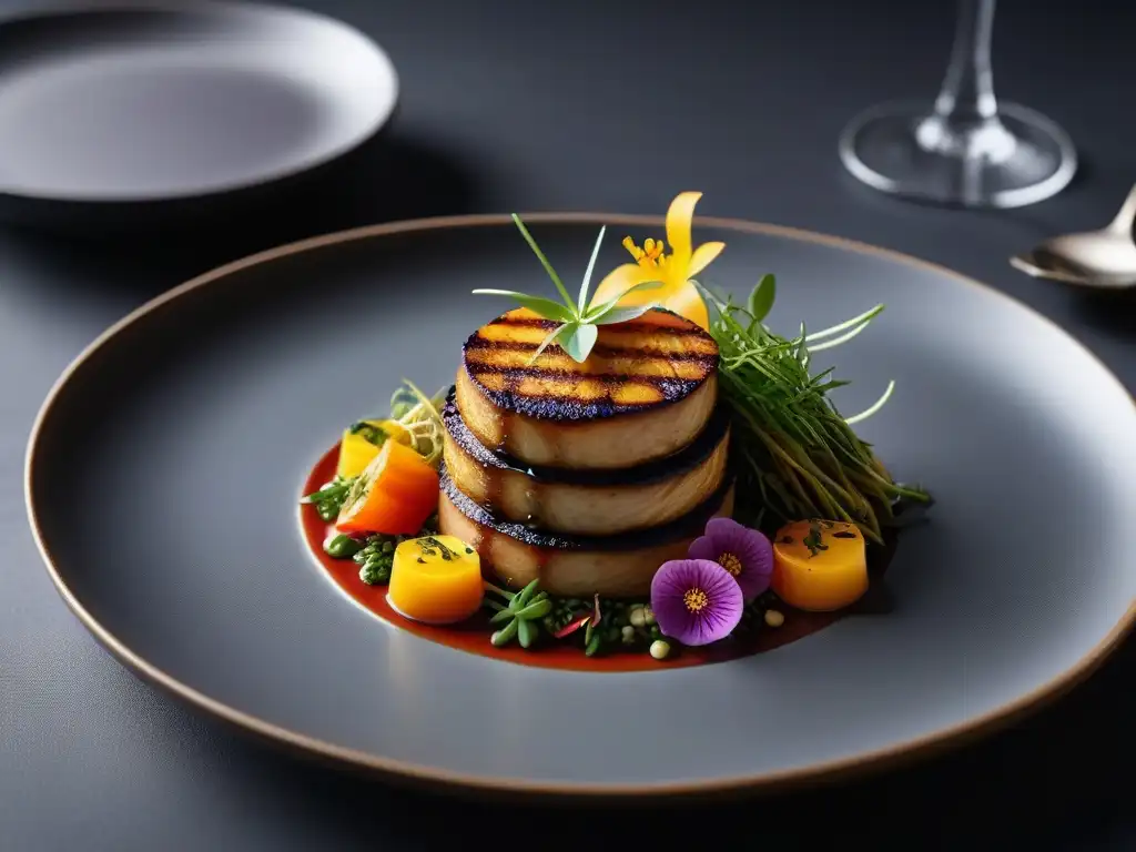 Una obra de arte culinaria vegana gourmet internacional, con colores vibrantes y detalles intrincados en un plato minimalista